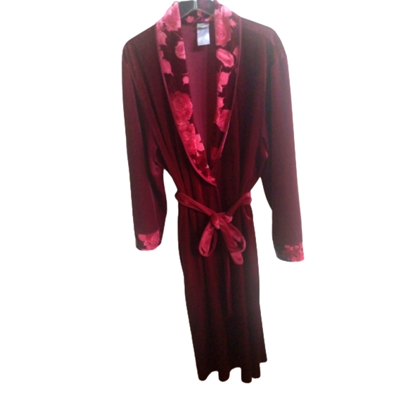 Long Velvet Robe Women Size XL Vintage 70s Floral Trim California Miss Burgundy - Picture 5 of 9